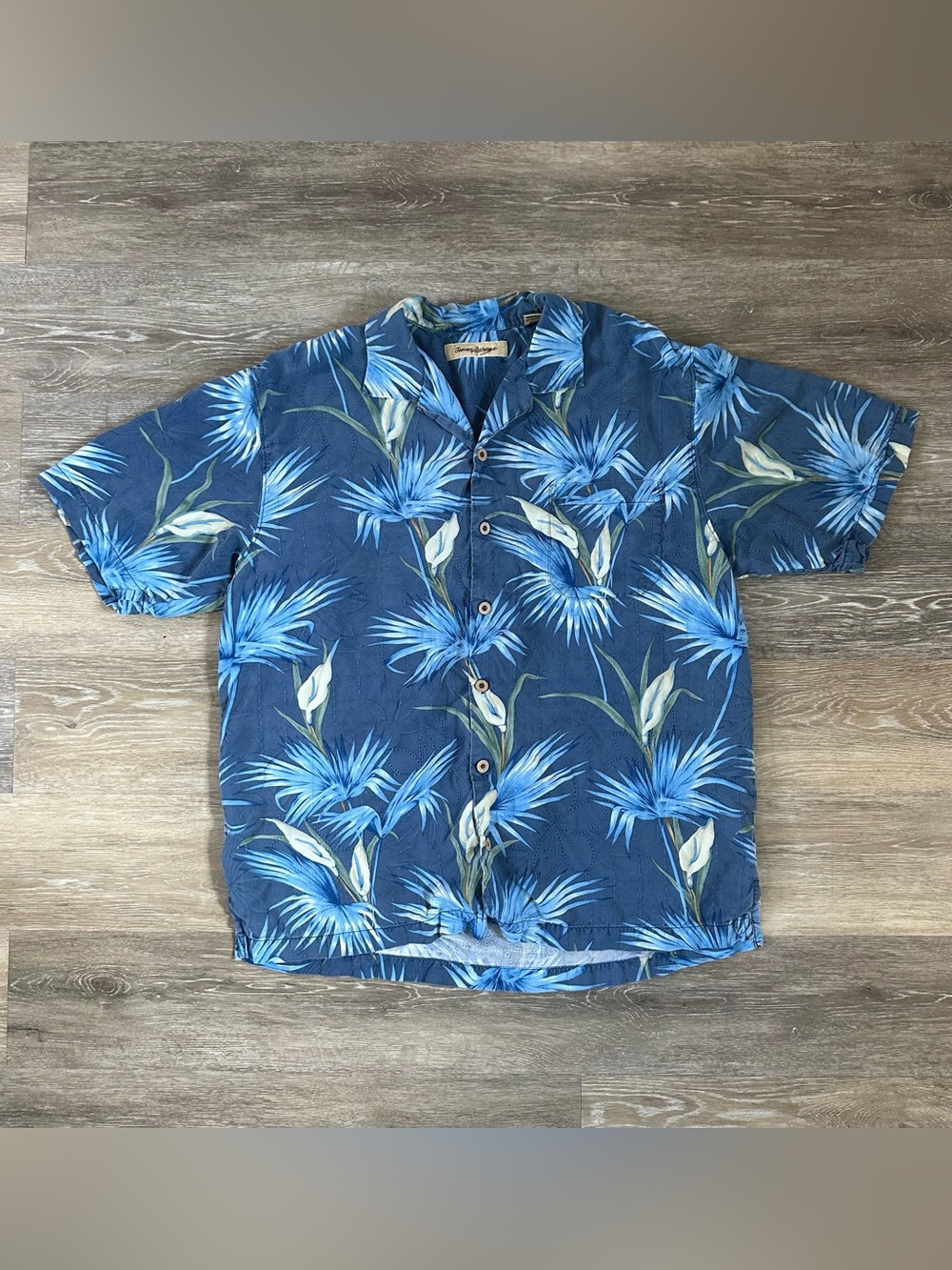 Mens 100% Silk Blue Tommy Bahama Tropic Palm Leaf Short Sleeve Hawaiian Shirt L